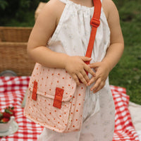 Olli Ella pink strawberry print Doll changing mat and bag for kids imaginative play.