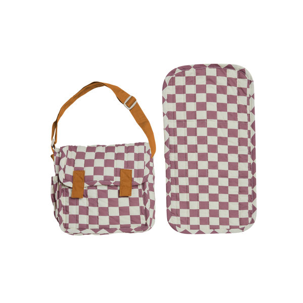 Olli Ella purple check print Doll changing mat and bag for kids doll play.