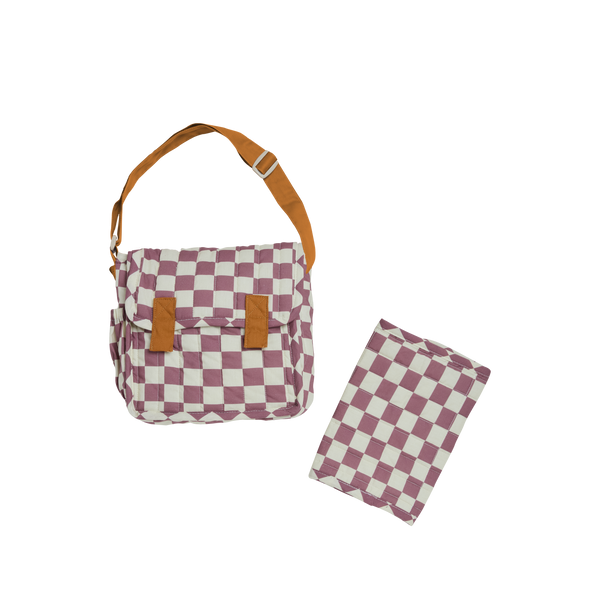 Olli Ella purple checkered print Doll changing mat and bag for kids doll play.