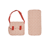 Olli Ella pink strawberry print Doll changing mat and bag for kids imaginative play.