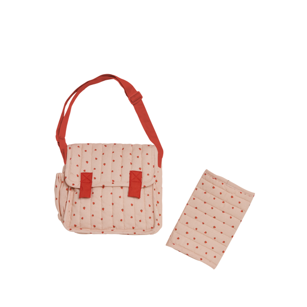 Olli Ella pink strawberry print Doll changing mat and bag for kids doll play.