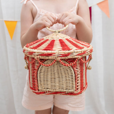 Olli Ella circus tent rattan woven basket for imaginative doll play.