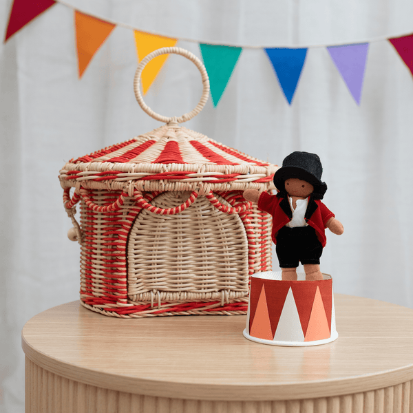 Olli Ella circus tent rattan woven basket for imaginative doll play. Pair with our pocket sized Holdie Folk plush toys.
