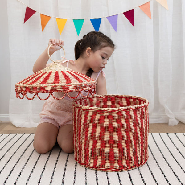 Olli Ella circus tent rattan woven basket for storage of kids toys and dolls. Pair with our pocket sized Holdie Folk plush toys and animal toys.