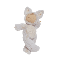 Cozy Dinkum Fenix Fox plush toy, perfect for snuggles and peaceful rest. This posable plush fox features a soft outer, embroidered face, and a non-removable suit making it the perfect companion from birth.