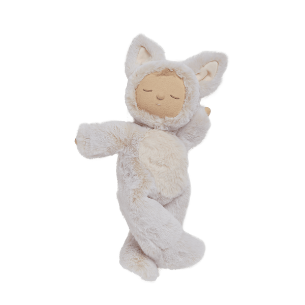 Cozy Dinkum Fenix Fox plush toy, perfect for snuggles and peaceful rest. This posable plush fox features a soft outer, embroidered face, and a non-removable suit making it the perfect companion from birth.