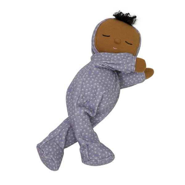 Gender-neutral posable plush doll with purple velvety onsie outfit. Perfectly weighted for cuddles and bedtime. Suitable toy from birth.