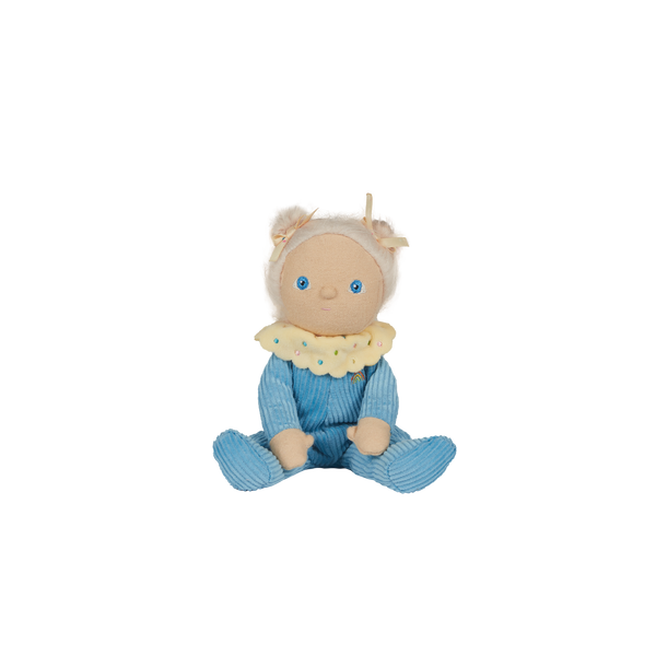 Limited-edition, palm sized, collectable corduroy kids plush toy. Bonnie Buttercream is a blue weighted plush toy in a velvet onsie, perfect for imaginative kids play.