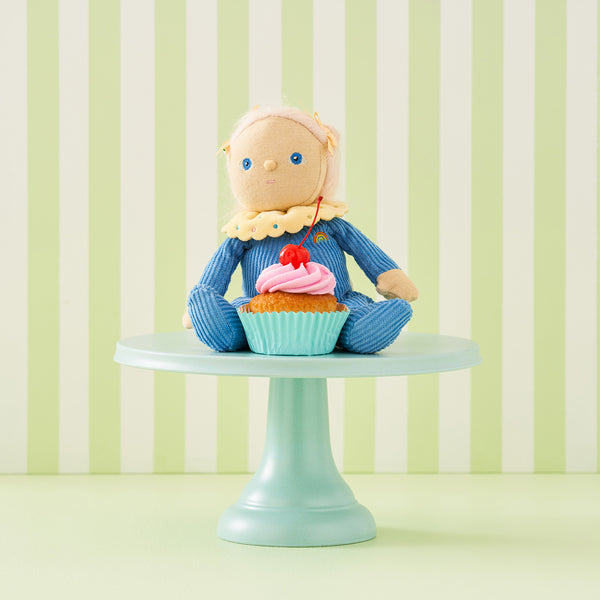 Bonnie Buttercream, our baby blue corduroy mini plush toy. Collectable, Soft and cuddly, and snuggled in a non-removable velvet onesie, Bonnie Buttercream is a must have in your toy collection.