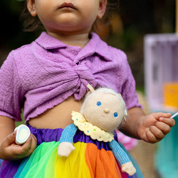 Bonnie Buttercream, our baby blue corduroy mini plush toy. Collectable, Soft and cuddly, and snuggled in a non-removable velvet onesie, Bonnie Buttercream is a must have in your toy collection.