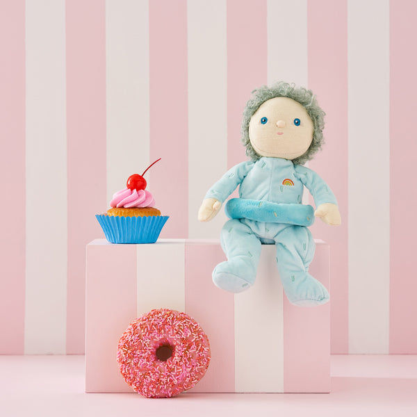 Limited-edition, palm sized, collectable kids plush toy. Franny Frosting is a blue  weighted plush toy in a velvet onsie, perfect for imaginative kids play.