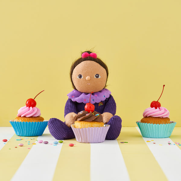 Limited-edition, palm sized, collectable corduroy kids plush toy. Freya Fondant is a purple weighted plush toy in a velvet onsie, perfect for imaginative kids play.