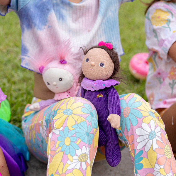 Limited-edition, palm sized, collectable corduroy kids plush toy. Freya Fondant is a purple weighted plush toy in a velvet onsie, perfect for imaginative kids play.