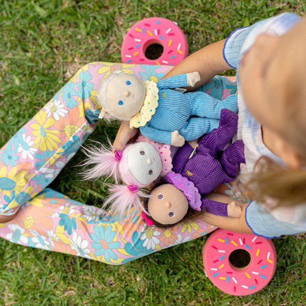 Freye Fondant, our purple corduroy mini plush toy. Collectable, Soft and cuddly, and snuggled in a non-removable velvet onesie, Freye Fondant is a must have in your toy collection.