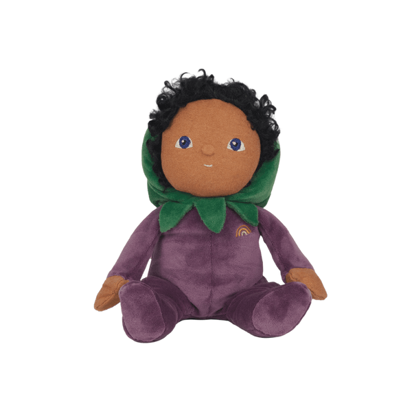 Ellis Eggplant, the charming limited-edition collectable eggplant plush toy. A posable plush doll with gentle weighting inside, dressed in a soft, non-removable velvet onesie. Collect all Happy Harvest friends.