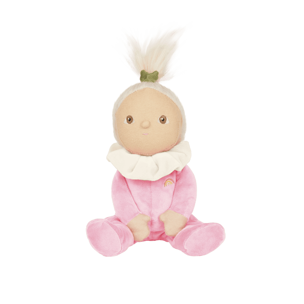 Roxy Radish, the charming limited-edition collectable radish plush toy. A posable plush doll with gentle weighting inside, dressed in a soft, non-removable velvet onesie. Collect all Happy Harvest friends.