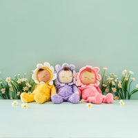 Charming Pip Buttercup Dozy Dinkums plush flower doll by Olli Ella. Ideal for imaginative play and comfort, crafted from durable, child-friendly fabrics.