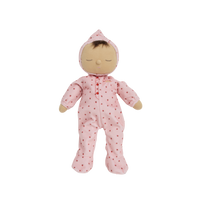 Olli Ella Dozy Dinkum Doll - strawberry. Floppy soft-doll suitable from birth with pink strawberry printed onesie,