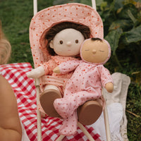 Strawberry printed soft-doll for kids. matching pink strawberry doll stroller and dinkum doll.