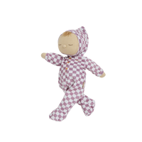 Olli Ella Dozy Dinkum Doll - Plum Check. soft-doll suitable from birth with purple check printed onesie,