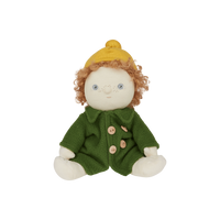 Stuffed toy with a green coat and yellow hat on a white background