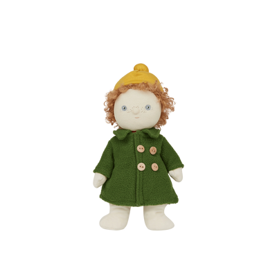 Stuffed doll with a green coat and yellow hat on a white background