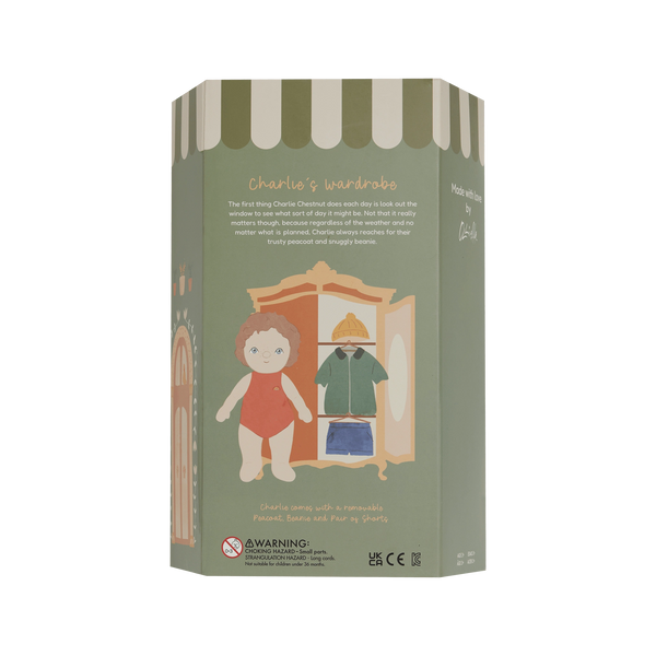 Box packaging for 'Charlie's Wardrobe' with a doll and wardrobe illustration on a green background.