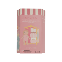 Box for a doll with a pink and white striped design on a white background