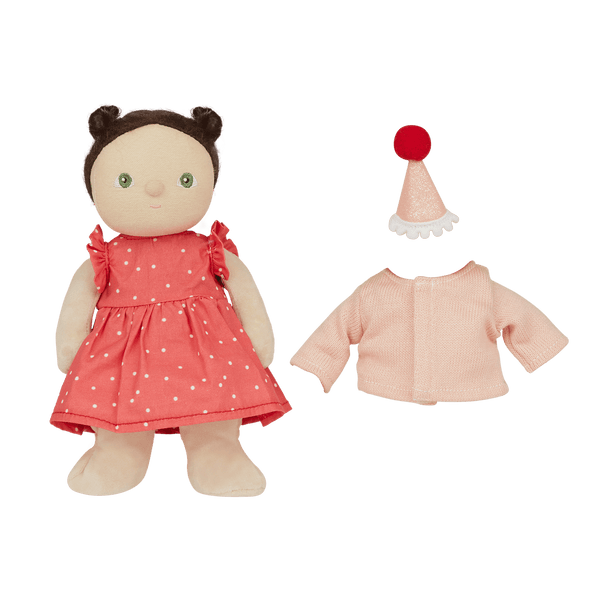 doll in a polka dot dress with hat and pink cardigan