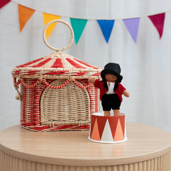 Olli Ella circus themed Holdie folk. Pocket-sized magical circus ringleader plush toy for kids imaginative play.