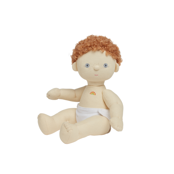 Gender-neutral, posable kids doll with red hair and removable blue outfit. Dress them up and style their hair for hours of interactive kids play.