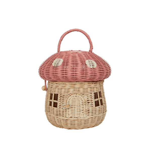 Olli Ella Rattan Mushroom Basket - musk and white coloured open lid