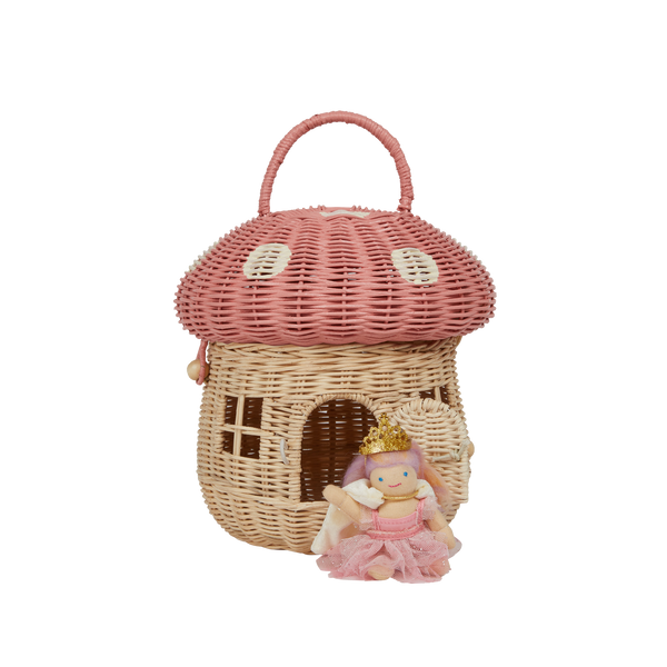 Olli Ella Rattan Mushroom Basket - pink musk and white coloured with Holdie princess