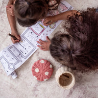 Pink and white rattan mushroom basket with colouring pencils. The perfect addition to your kids woodland themed room.