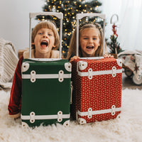 Olli Ella See-Ya Suitcase Christmas theme Sweetheart Red print pictured with child and Forest See-ya Suitcase