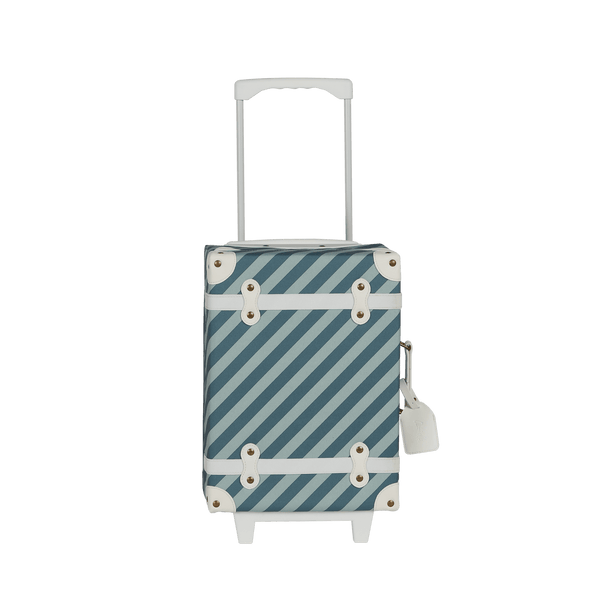 Charming blue striped kids travel suitcase by Olli Ella. Ideal for children's travel, with a spacious interior and playful colours. Constructed from recycled plastic bottles