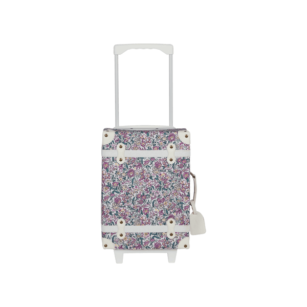 Charming Wildflower kids travel suitcase by Olli Ella. Ideal for children's travel, with a spacious interior and playful floral pattern. Constructed from recycled plastic bottles