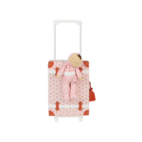 Kids strawberry printed pink travel suitcase with matching pink soft-toy doll.