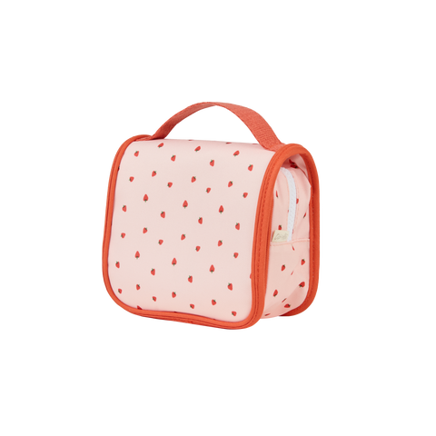 kids strawberry printed pink toiletry bag.