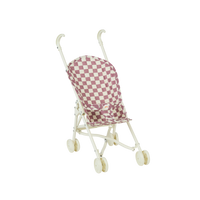 Kids doll stroller for kids in purple check print.