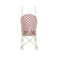 kids doll stroller in purple check print.