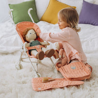 Olli Ella rose pink doll pram for kids toys. For use with our posable dinkum dolls and matching changing bag and mat for imaginative doll play.
