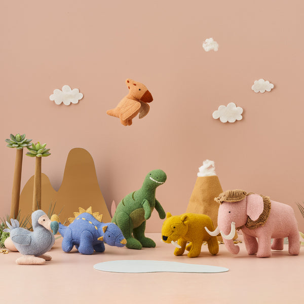 Set of plush felted dinosaur toys for kids. Set of prehistoric small dinosaur toys featuring Pterodactyl, T-Rex and Ankylosaurus.