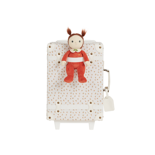 The ultimate kids travel suitcase. Mushrrom print suitcase for kids holidays, with straps to carry their favourite doll / toy.