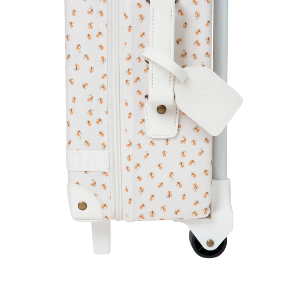 Kids travel suitcase in mushroom print. The perfect kids suitcase for holidays with compartments for dolls and trinkets.