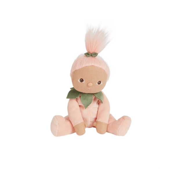 A limited-edition palm-sized plush toy, perfectly weighted in all the right places, and outfitted in a snuggly plush velvety peach suit.