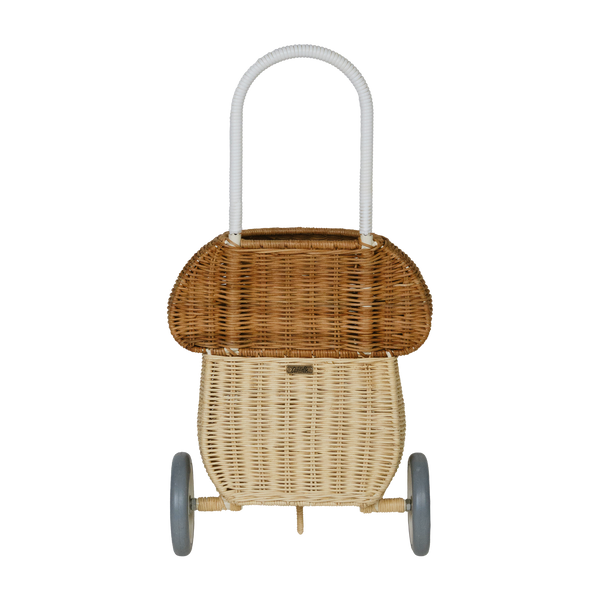Whimsical natural mushroom basket on wheels. This 100% Handwoven Rattan wheeled basket is ideal for storing and toting around prized possessions! 
