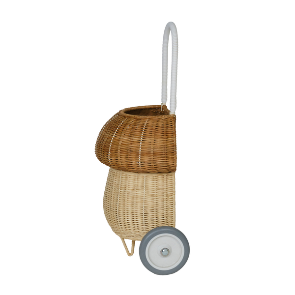 100% handwoven mushroom basket on wheels. This basket maked a beautiful addition to any woodland-themed nursery or bedroom or for transporting dolls, toys and trinkets.