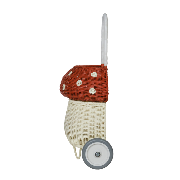 100% handwoven mushroom basket on wheels. This basket maked a beautiful addition to any woodland-themed nursery or bedroom or for transporting dolls, toys and trinkets.