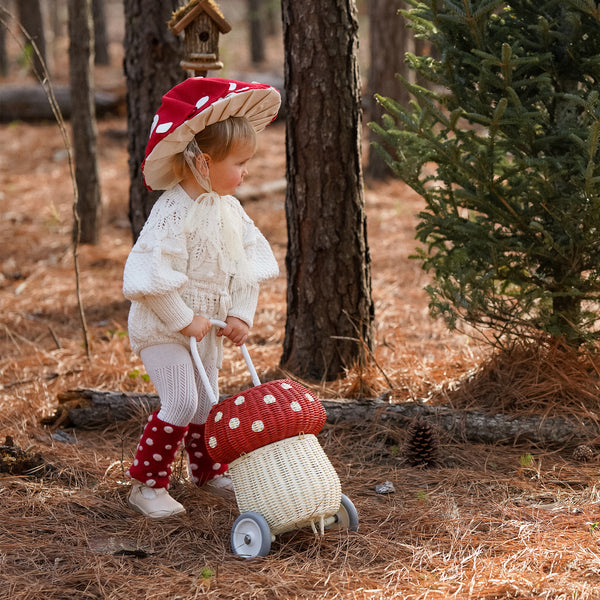 100% handwoven mushroom basket on wheels. This basket maked a beautiful addition to any woodland-themed nursery or bedroom or for transporting dolls, toys and trinkets.